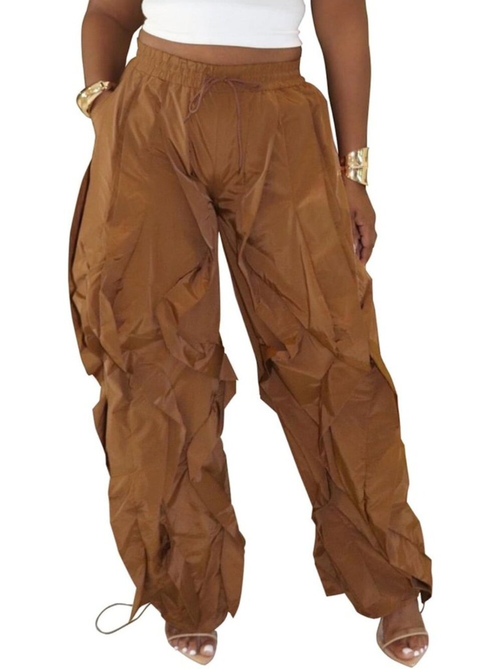 Trendy Women's Baggy Barrel Pants with Drawstring & Ruffle Fringe - Comfy